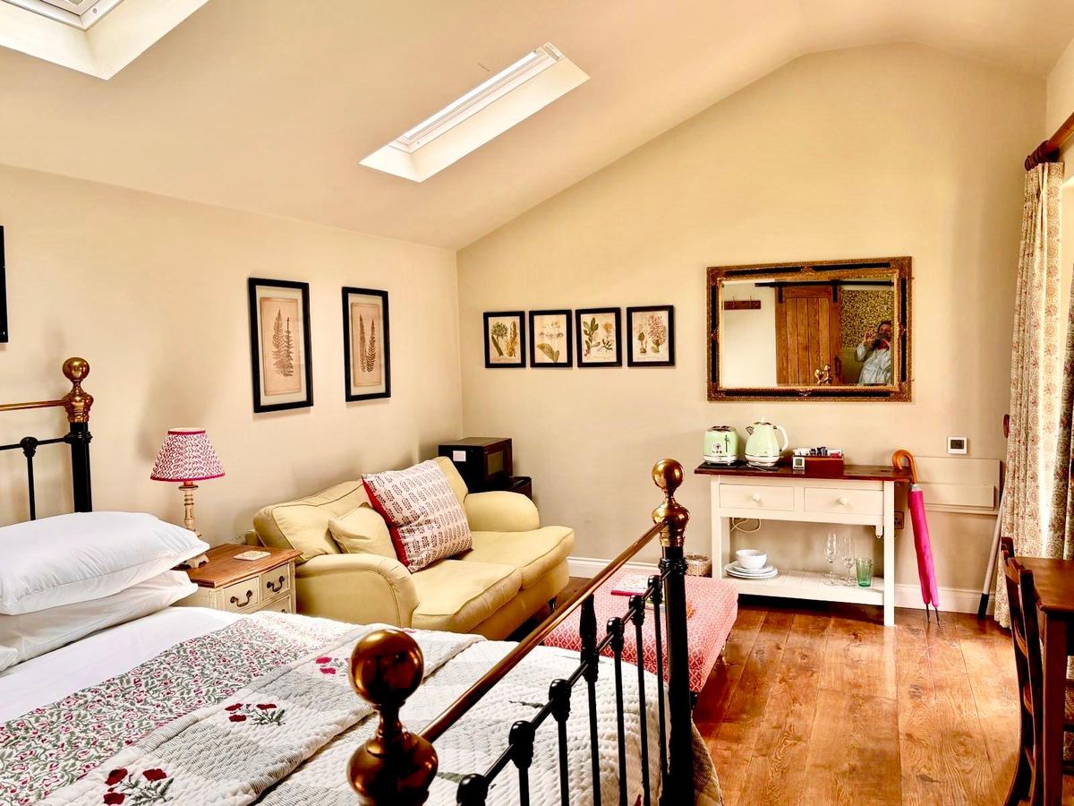 The whole room under a vaulted ceiling with skylights, botanical prints and a mirror